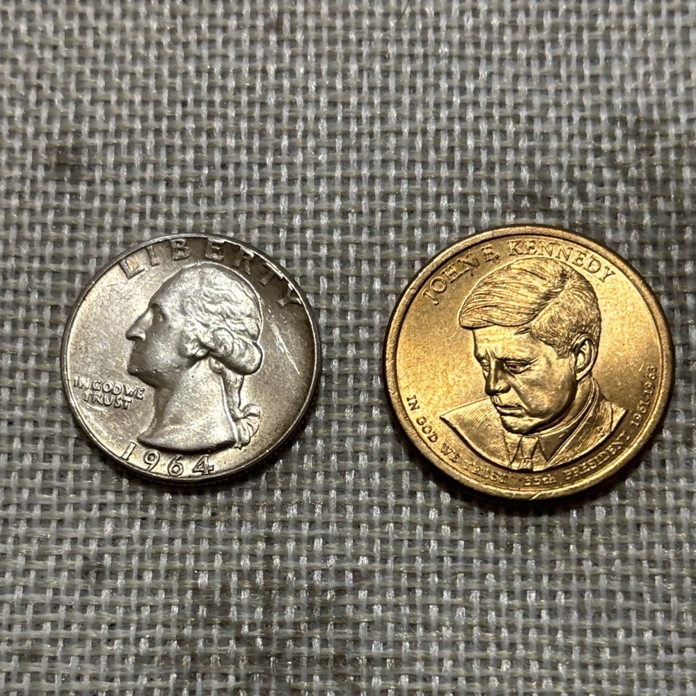 1964 Washington Silver Quarter and JFK Gold Tone $1 Coin
